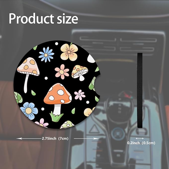 2pcs Cute Pink Mushrooms Car Coasters,Absorbent Universal neoprener Cup Holder Coasters with a Finger Notch,Car Accessories for Women&Man Interior，2.75" 1