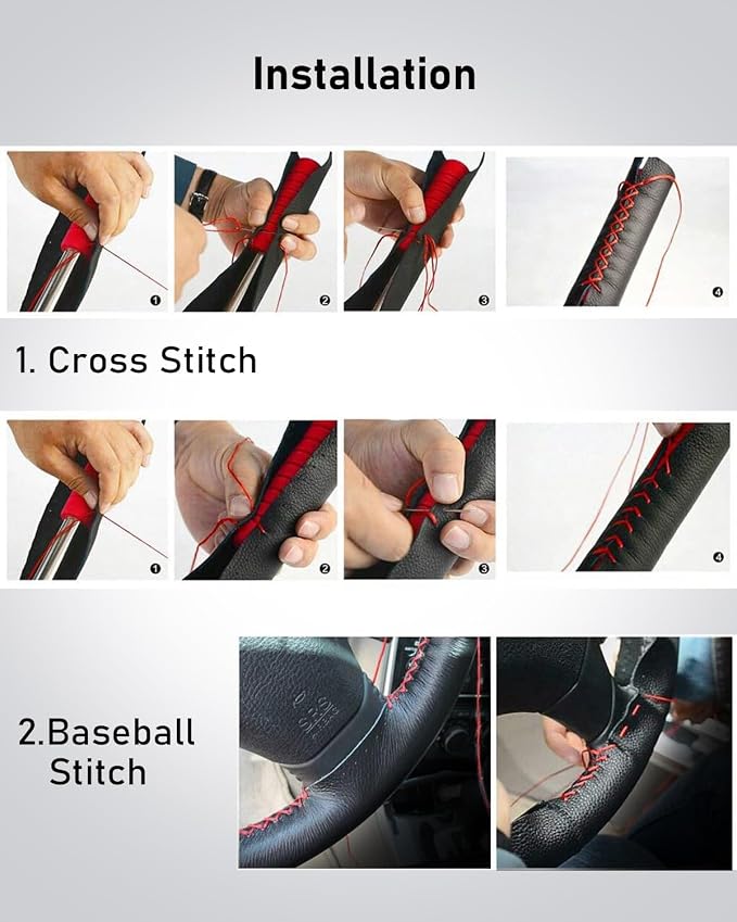 BELINOUS Leather Steering Wheel Cover Lace Up, Stitch on Steering Wheel Wrap, Universal Fit 13-20 Inch Car Truck Pickup Boat, A Whole Piece of Cowhide, DIY w/Needle Thread (Size M0, Coffee)