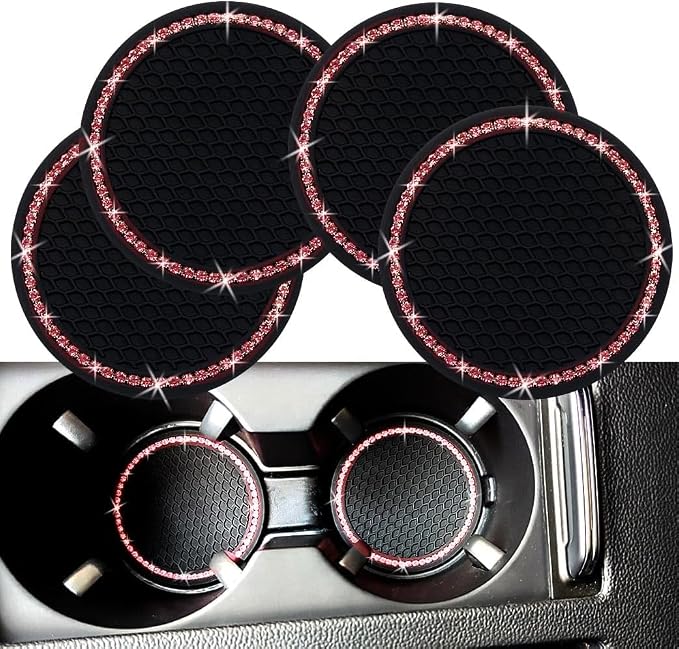 Bling Car Cup Coaster, 2.75 Inch Anti Slip Shockproof Embedded Drink Mat, Dustproof Automotive Interior Accessories Mat, Universal for Vehicles, Trucks, RVs and More (Pink Crystal 4 PCS)