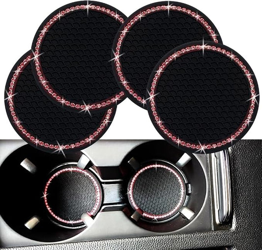 Bling Car Cup Coaster, 2.75 Inch Anti Slip Shockproof Embedded Drink Mat, Dustproof Automotive Interior Accessories Mat, Universal for Vehicles, Trucks, RVs and More (Pink Crystal 4 PCS)
