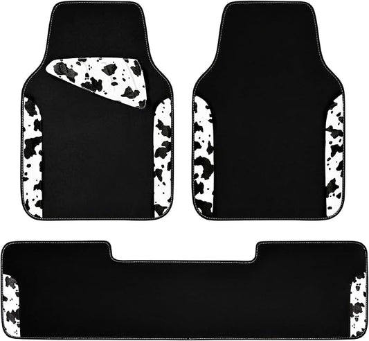 CAR PASS Waterproof Universal 3Pcs Car Floor Mats, Cow Print Car Mats Fit for SUV,Vans,sedans, Trucks,Set of Vehicles Car Carpet with Driver Heel Pad and Nibs Backing, Cute Women Girly (Black White)