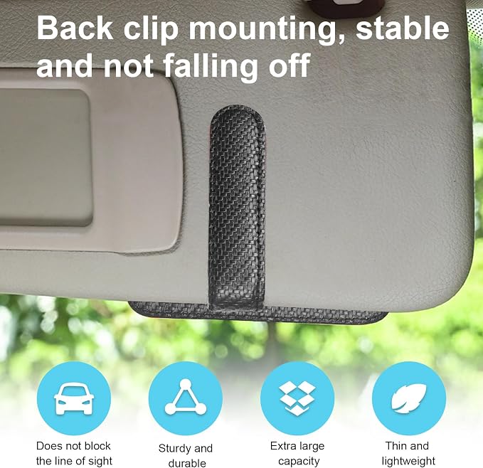 Dickno 2PCS Small Leather Car Sun Visor Organizer, Multifunctional Auto Visor Document Holder with Sunglasses Clip, Universal Car Interior Organizer for Driving License, Card, Pen (Carbon Fiber Black)