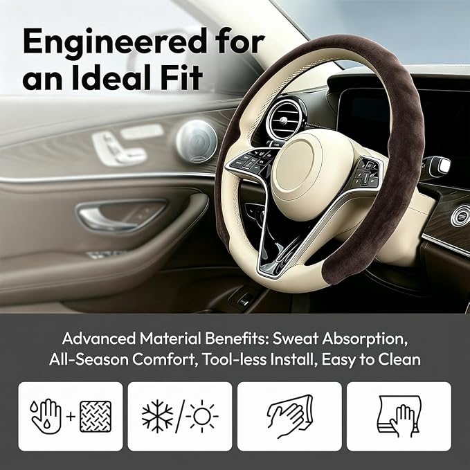 Mandark Car Steering Wheel Cover, Suede Sport Vehicle Steer Wheel Protector Fitting 15 Inch, Non-Slip Comfortable Automotive Interior Decoration Accessories, Universal Fit (Dark Brown)
