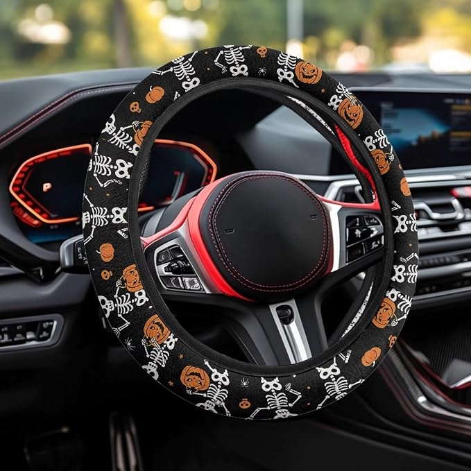 AFPANQZ Universal Fit Car Steering Wheel Cover Stretch-on Comfortable Grip | Funny Skull Pumpkin Print, Sweat Absorption Comfort Grip for Driver Women Men, Halloween Decor