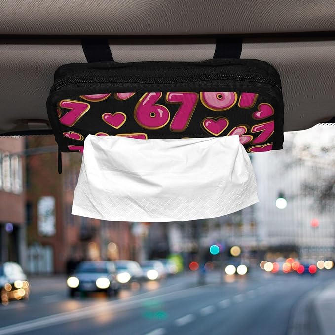 Black 67 Hearts Pink Six Seven Car Tissue Holder Durable Napkin Holder Hanging Tissue Holders Case Car Tissues Bag for Sun Visor Seat Back Universal Auto