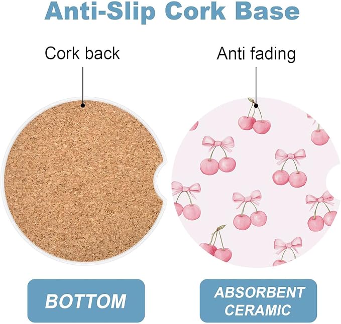 Car Cup Holder Coaster Set of 2, 2.56 in Ceramic Coasters, Scratch-Resistant Cork Backing, Finger Groove Design for Easy Placement, Cute Car Accessories Interior for Women (Pink Bow Cherry)