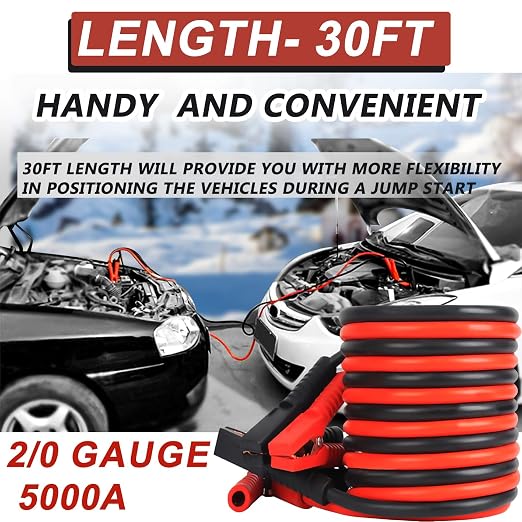 iMeshbean 2/0 Gauge Jumper Cables 30FT 5000A, Heavy Duty Jumper Cable for Car Van Truck, Automotive Booster Cables for Jump Starting Dead & Weak Batteries