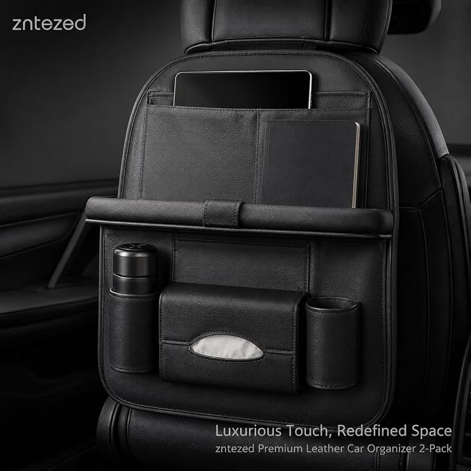 2 Pack Leather Look Car Backseat Organizer with Tablet Holder, Foldable Tray, 8 Storage Pockets, Cup Holder, Tissue and Umbrella Slots, Seat Back Protector Kick Mat for Cars SUVs Trucks