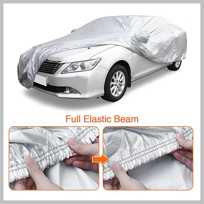 3XL Silver Tone 190T Car Cover Outdoor Weather Waterproof Scratch Rain Snow Heat Resistant W Mirror Pocket 490 x 180 x 160cm Replacement Car Parts