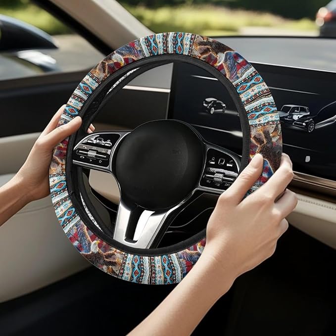 Wanyint Auto Steering Wheel Cover Unviersal 15 Inch Steering Wheel Wrap Cover 4th of July Auto Interior Accessories Decor for All Seasons, Aztec Eagle US Flag