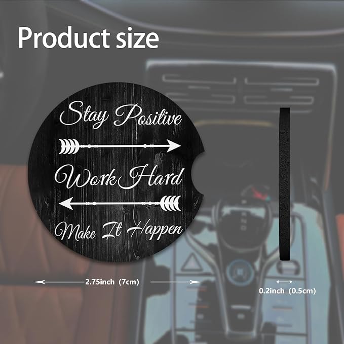 2pcs Stay Positive Car Coasters,Absorbent Universal neoprener Cup Holder Coasters with a Finger Notch,Car Accessories for Women&Man Interior，2.75"