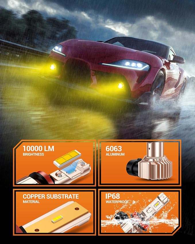 SEALIGHT H11 LED Fog Light Bulbs Yellow, 14000Lumens 600% Brightness 50000 Hours Lifespan H16 H8 LED Fog Bulb, 3000K Amber Strong Penetration, Play and Plug, Pack of 2
