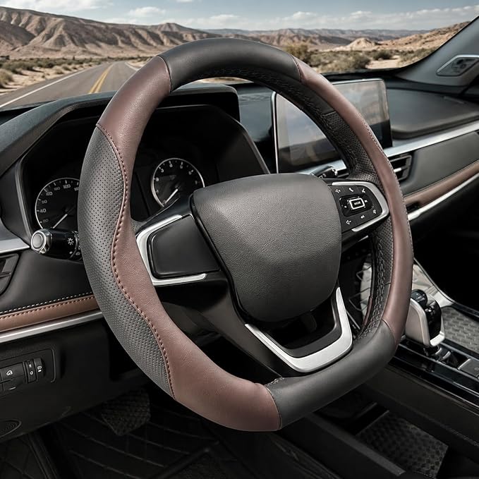 D Shaped Steering Wheel Cover, Flat Bottom Car Wheel Cover 14 1/2-15 inch (37-39 cm), Non-Folding Packaging, Microfiber Leather, Black and Chocolate Brown