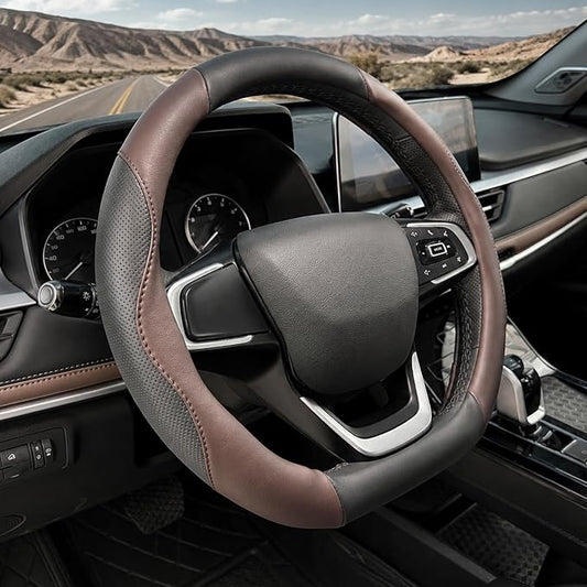 D Shaped Steering Wheel Cover, Flat Bottom Car Wheel Cover 14 1/2-15 inch (37-39 cm), Non-Folding Packaging, Microfiber Leather, Black and Chocolate Brown