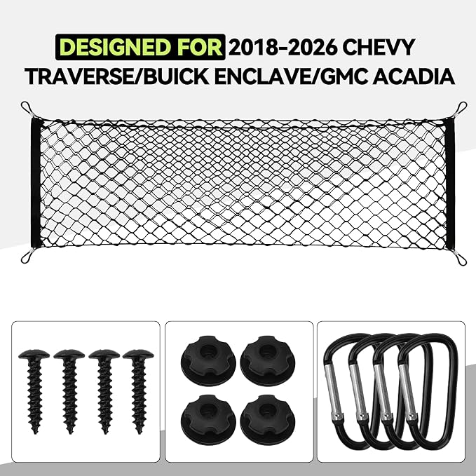 Tongama-Cargo Net for 2018-2026 Chevy Traverse/Buick Enclave/GMC Acadia, Heavy Duty Elastic Trunk Storage Net with Hooks for Chevy Traverse/Buick Enclave/GMC Acadia Car Exterior Accessories