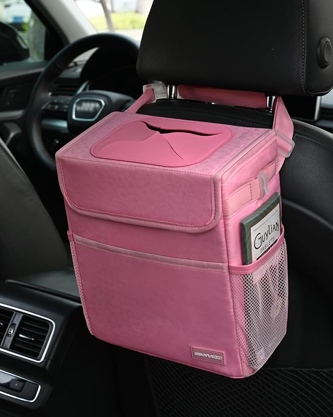 SIBOFUEGO Car Trash Can Cute - Multifunctional Interior Car Accessory for Women, Car Organizer and Storage with Adjustable Straps, Car Stuff Storage 2 Gallons (Leopard-Print Pink)