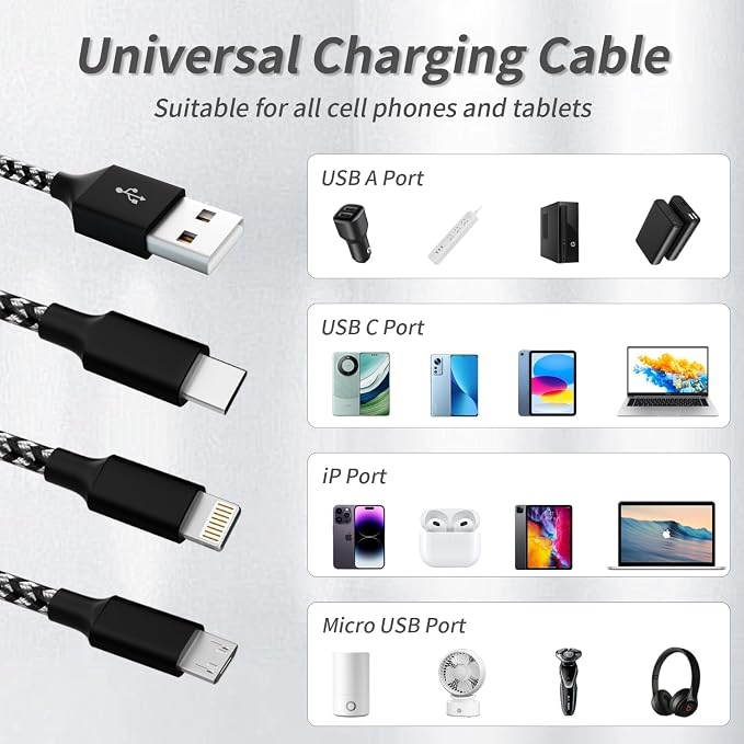 Travel Essentials Multi Charging Cable, USB Cable Universal Charger, 2Pc4FT | 3 in 1 Phone Charger Cord with Type-C, Micro USB, L Port, Travel Charger for iPhone 17-8/Android, Car Camping Essentials