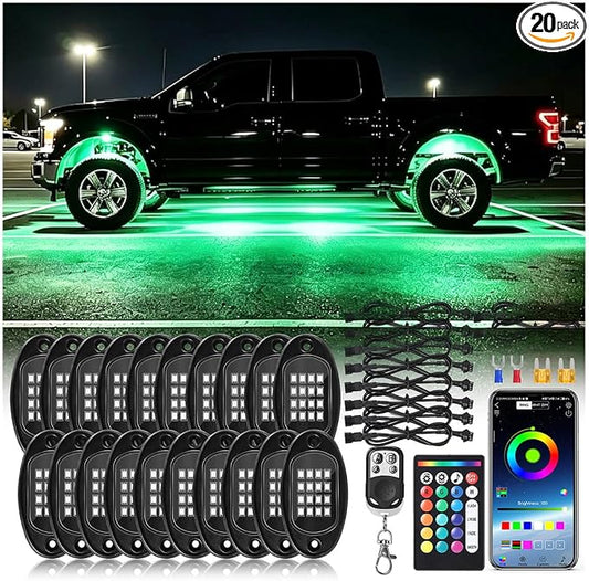 20Pods RGB LED Rock Lights Kit with APP/RF Remote Control, Car Underglow Lights with Dual Zone Brake Multicolor Neon Underbody Light Waterproof 12V for Trucks Pickup Jeep SXS Golf Cart ATV UTV RZR