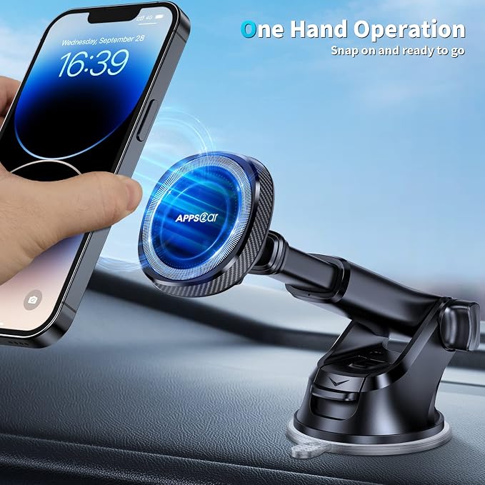 APPS2Car for MagSafe Car Phone Mount for iPhone, Magnetic Windshield Dashboard Holder with Telescopic Arm and Strong Suction Cup, Compatible with iPhone 17/16/15/14/13/12 MagSafe Cases
