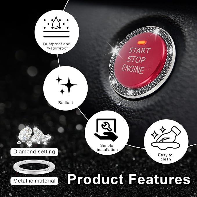 LivTee 2 PCS Crystal Double Rhinestone Car Engine Start Stop Decoration Ring, Bling Car Interior Accessories for Women, Push to Start Button Cover Sticker, Automotive Decals, Glossy Black