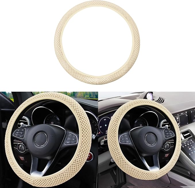 Elastic Stretch Car Steering Wheel Cover, Comfortable Steering Wheel Cover Universal for 14.5-15 Inch, Warm in Winter & Cool in Summer, Anti-Slip Breathable Ice Silk (Beige)