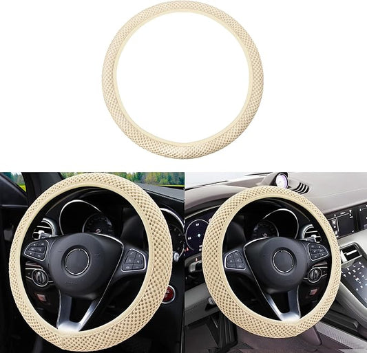 Elastic Stretch Car Steering Wheel Cover, Comfortable Steering Wheel Cover Universal for 14.5-15 Inch, Warm in Winter & Cool in Summer, Anti-Slip Breathable Ice Silk (Beige)