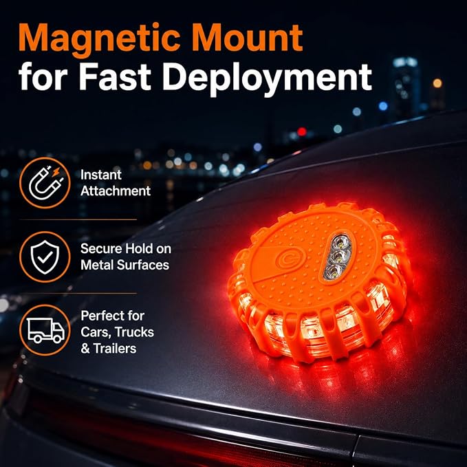 Huyumpxy LED Road Flares Emergency Lights, 9 Flashing Modes Roadside Safety Warning Light with Magnetic Base & Built-in Hook, Battery Powered Safety Beacon for Car, Truck, Motorcycle, Camping, 1 Pack