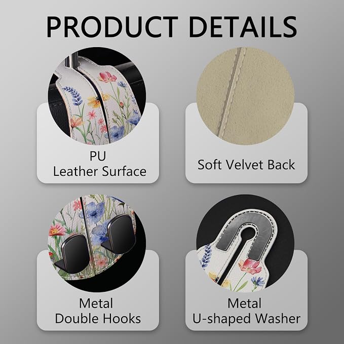 Blusabaca 2PCS Car Seat Back Storage Headrest Hooks, Floral Flowers Purse Holder Bags Hanger, PU Leather Double Metal Hook for Backseat Organizer, Women Car Accessories Organization