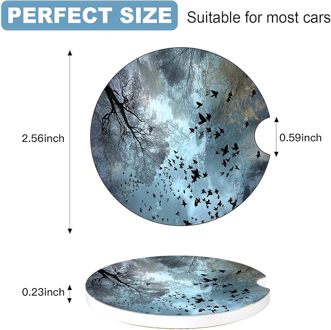 Car Cup Holder Coaster Set of 2, 2.56 in Ceramic Coasters, Scratch-Resistant Cork Backing, Finger Groove Design for Easy Placement, Cute Car Accessories Interior for Women (Blue Forest Bird)