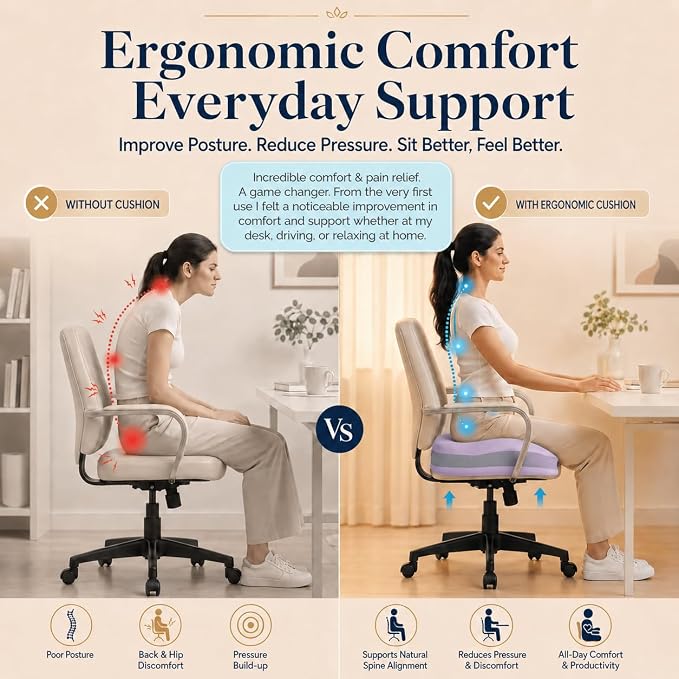 Seat Cushions for Office Chairs Wheelchair Cushion for Long Sitting Back Pain，Memory Foam Seat Car Computer Desk Chair Cushion，Coccyx Cushion for Tailbone Pain Relief Office Chair Butt Pillow Purple | Suitable for prolonged sitting, relieves tailbone p...