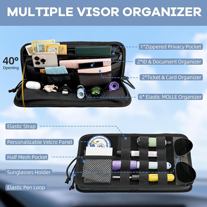 TICARVE Car Sun Visor Organizer, 1000D Nylon MOLLE Pouch with Zipper Black | Heavy-duty 1000D Nylon Car Sun Visor Organizer, With Zipper Pockets, Elastic Straps and Glasses Clip, for Car SUV Truck