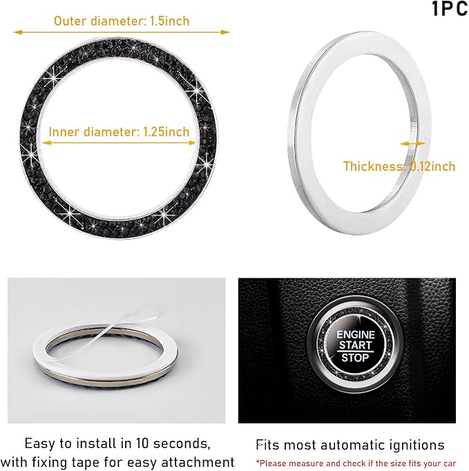 Kewucn Bling Crystal Double Rhinestone Car Engine Start Decoration Ring, Sparkling Push Start Button Sticker, Key Ignition & Knob Ring Decoration, Bling Car Interior Accessory (Black)