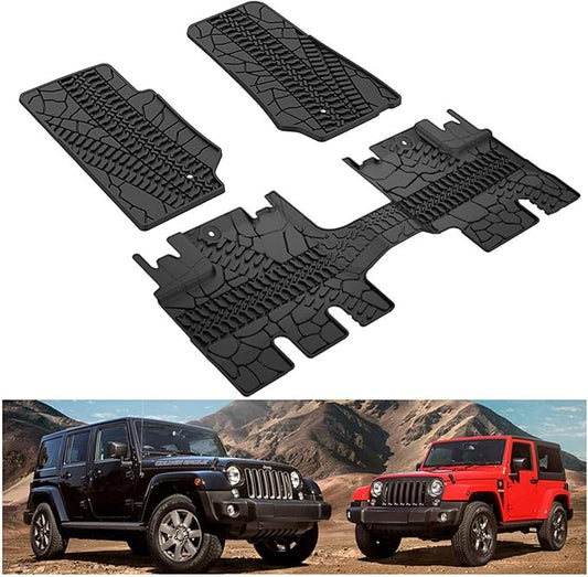 Kiwi Master Floor Mats for 2007-2013 Jeep Wrangler JK 4-Door | OEM Replacement 82210166AC, Custom Fit All Weather Car Mats, Heavy Duty TPE Floor Liners, Front & Rear 2 Row Set, Black