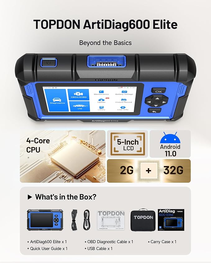 TOPDON ArtiDiag600 Elite, OBD2 Scanner, Full-System Car Diagnostic Tool, 13+ Services, FCA AutoAuth, Automotive Scan Tool with CAN-FD, 2-Years Free Updates, Upgraded of AD500 AD600S AD600 Pro