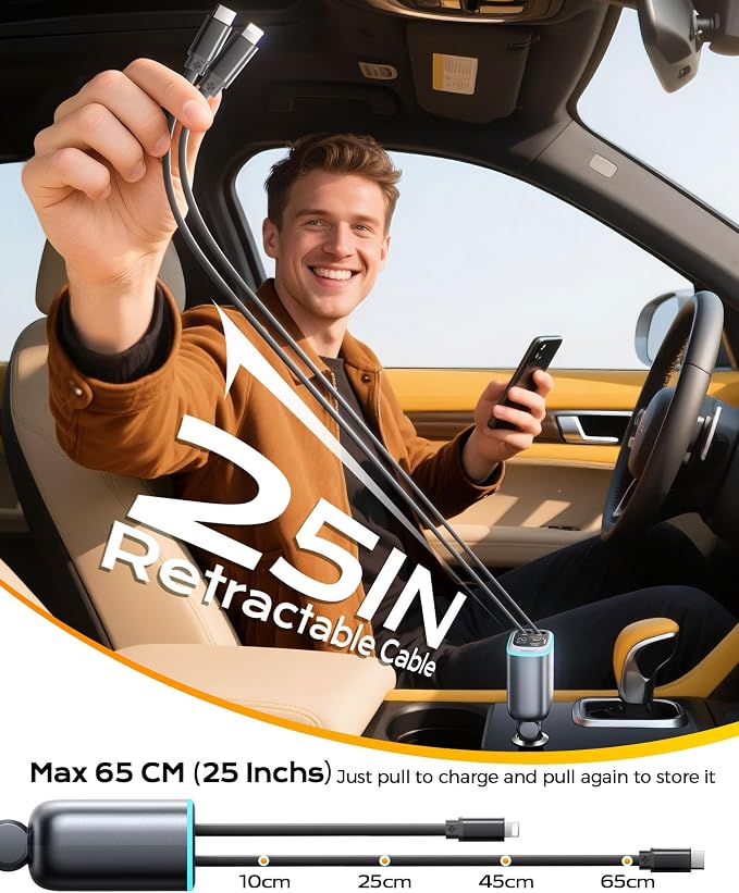 4 in 1 Car Charger, Retractable iPhone Car Charger Fast USB C Phone Charger | Cigarette Lighter with 2 Cable 25 Inch and 2 USB Ports, Multi Port USB Car Charging for iPhone 17/16/15/14/13 Pro Max-2Pack
