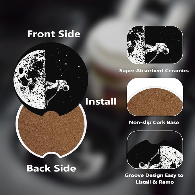 Ceramic Car Cup Coasters 2PCS - Moon Vacuum Cleaner | with Cork Back & Finger Slot, Anti-Slip Shock Absorbing, Universal Car Interior Accessories for Men Women