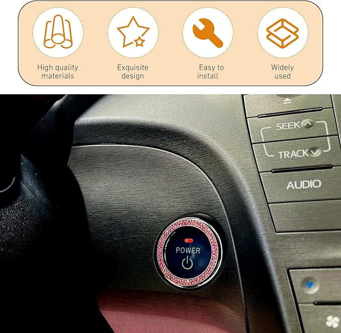 WZP 2PCS Bling Push to Start Button Cover, Pink | Crystal Rhinestone, Engine Start Button Cover, Sparkling Car Interior Accessories, For Women