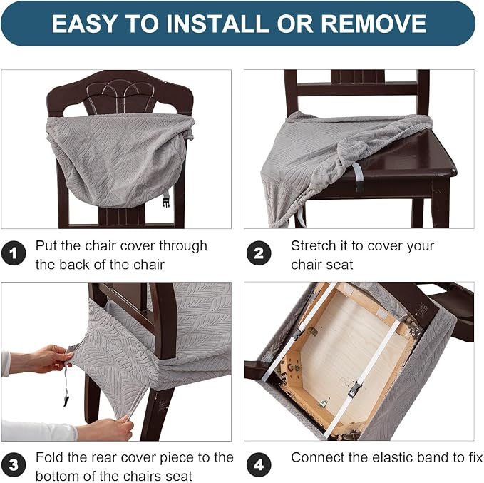 Removable Washable Dining Chair Seat Covers Set of 4,Stretch Jacquard Chair Seat Cushion Protector Slipcovers, Rear Covers