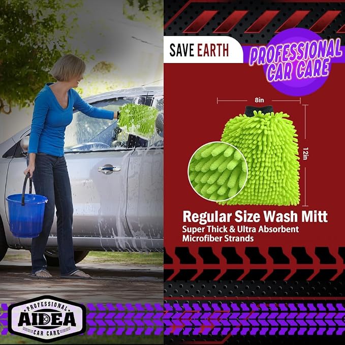 AIDEA Car Wash Mitt Microfiber, 2PK, Car Wash Brush, 8''X12'' | Scratch Free Lint-Free, Premium Chenille Microfiber Mitt, Extra Large Size, Green & Blue
