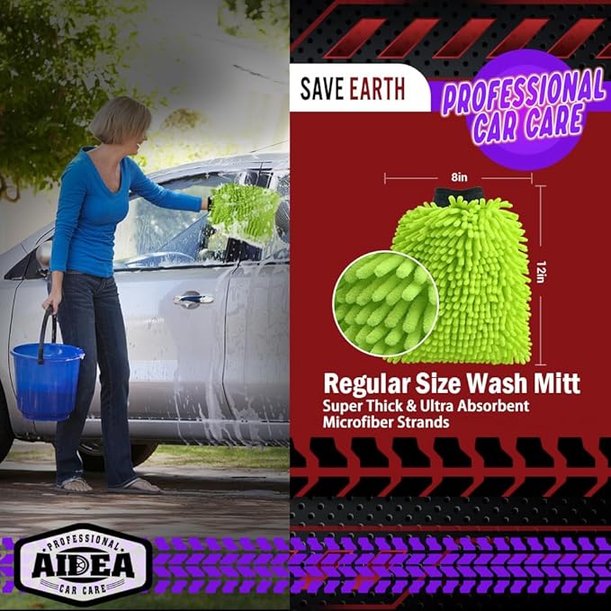 AIDEA Car Wash Mitt Microfiber, 2PK, Car Wash Brush, Green, 8''X12'' | Scratch Free Lint Free, Premium Chenille Microfiber Wash Mitt, Cleaning Supplies, Extra Large Size