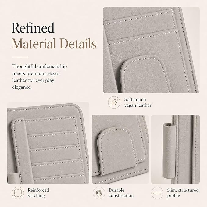 Car Sun Visor Organizer, Grey Premium Vegan Faux Leather Visor Storage Pouch for Cards, Cash, Receipts, Parking Permits and Glasses, Universal Fit for Cars, SUVs, Trucks, RVs and Golf Carts
