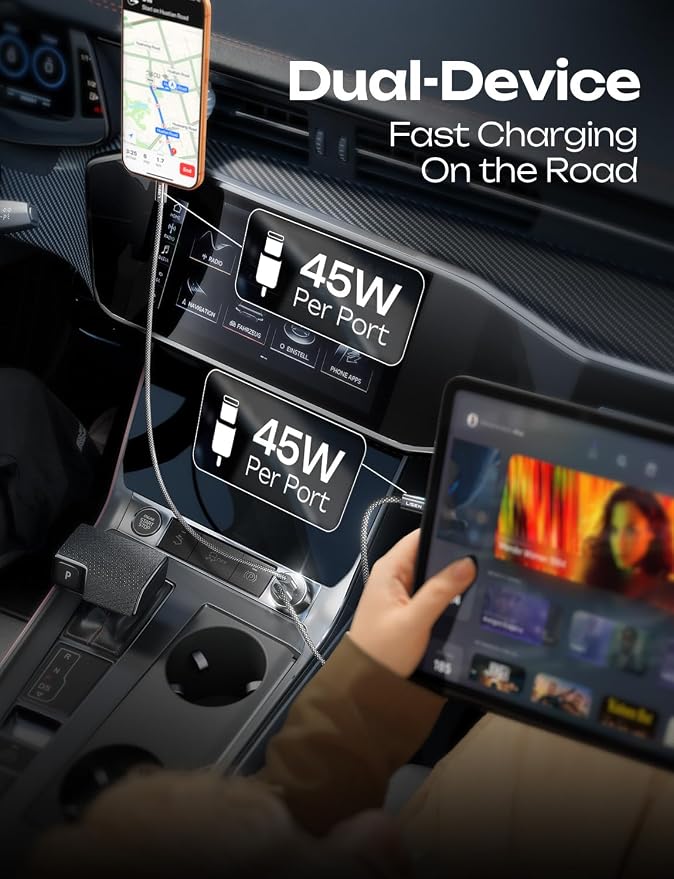 LISEN 90W Car Charger USB C Fast Charge,USB C Car Charger,Type C for iPhone | USB C Car Charger Fast Charge for iPhone 17 Pro Max 16 15 14 13 12 11, for Samsung S26 S25 S24 [with Lightning & USB-C Cable]