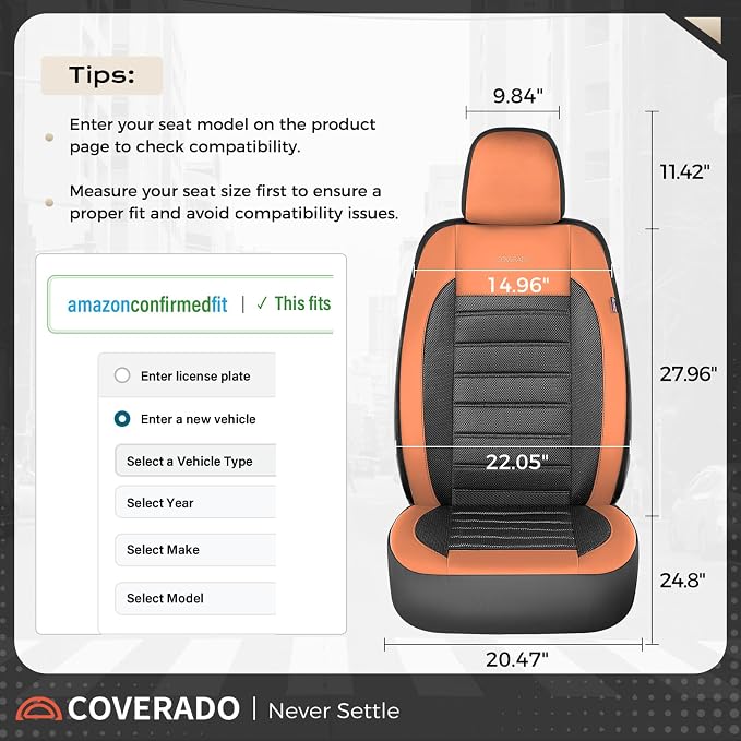 Coverado Car Seat Covers Front Seat, Luxury Leather Car Seat Protector, Automotive Front Mesh Seat Covers, Orange&Black Seat Cushion for SUV Sedan Truck