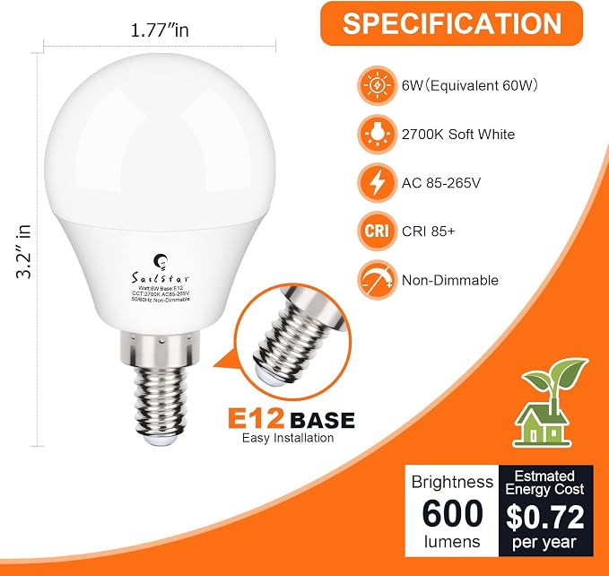 A15 Ceiling Fan Light Bulbs, E12 Base, 6Watt (60-Watt Replacement), Soft White 2700K, Non-Dimmable, Candelabra Base LED Light Bulb, 6 Pack