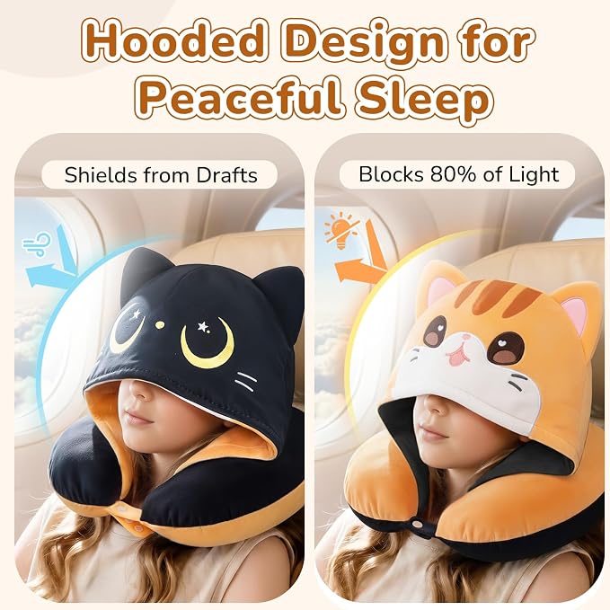 Certified to ASTM & CPSIA Standards–Kids Travel Neck Pillow with Hood,Memory Foam Airplane Pillow,Double-Sided, Cute Design, Cooling Ice Silk & Soft Plush, Adjustable, Portable & Washable for Flights