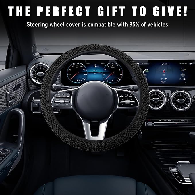 Wevdn Elastic Stretch Steering Wheel Cover, 15"×15" Microfiber Breathable Ice Silk Steering Wheel Protector, Anti-Slip Elastic Steering Wheel Cover for Men Women, Car Accessories (Black)