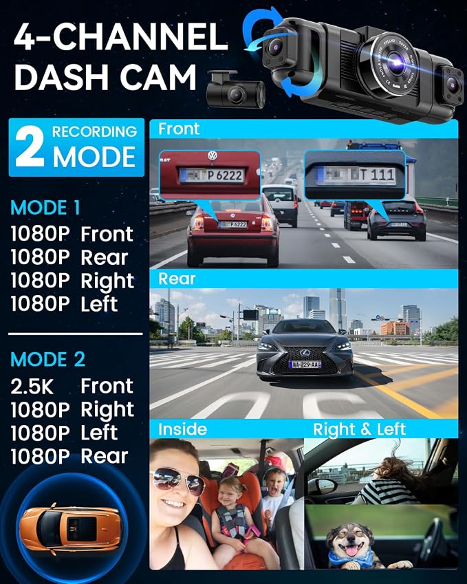 IIWEY N5 4 Channel Dash Cam 360° View, 1080P Front and Rear Inside, Left Right Dash Camera for Cars, 8 IR Lamps Night Vision, 5G WiFi & APP Control, G-Sensor, Parking Mode, with a Free 128GB SD Card