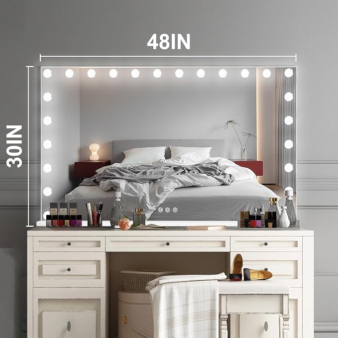 Ratsamee Hollywood Vanity Mirror with Lights, 24 Dimmable Bulbs, 3 Color Lights,Make Up Lighted Mirror, Aluminum Metal Frame, USB Charging Port（48" x 30"）