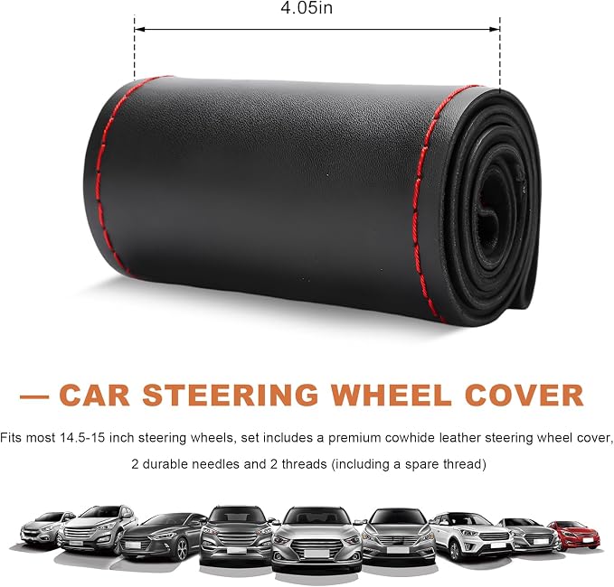 Genuine Leather Steering Wheel Cover, 15 Inch Stitch on Wheel Wrap with Needles & Threads, Breathable Steering Wheel Protector DIY Sewing Wrap for Car Truck SUV (Black & Red, Glossy)