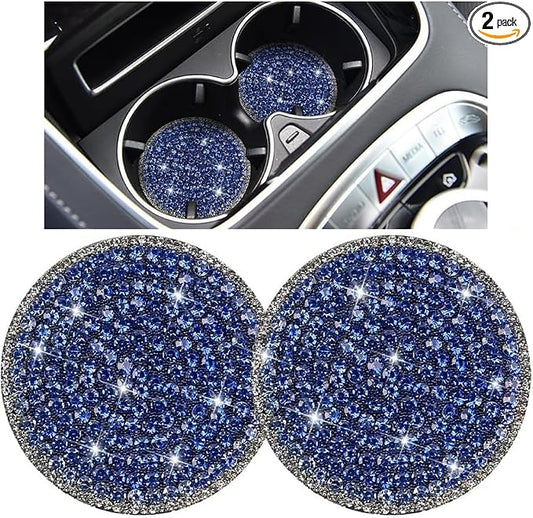 Bling Car Cup Holder Coaster, 2PCS 2.75 Inch Crystal Rhinestone Anti Slip Vehicle Drink Cup Mat for Women Girls, Auto Interior Embedded in Ornaments. Universal for SUV RV Truck (Blue)